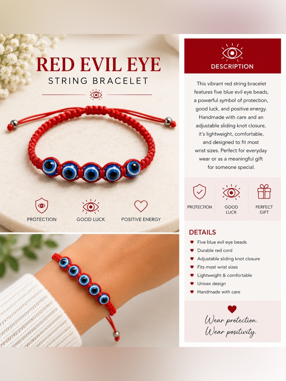Red Evil Eye String Bracelet with Blue Beads